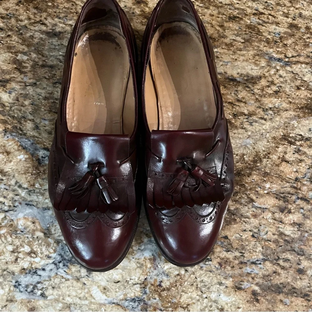 Salvatore Ferragamo Slip On Oxford Ox Blood Merlot Leather Tassel Wing Tip Shoes